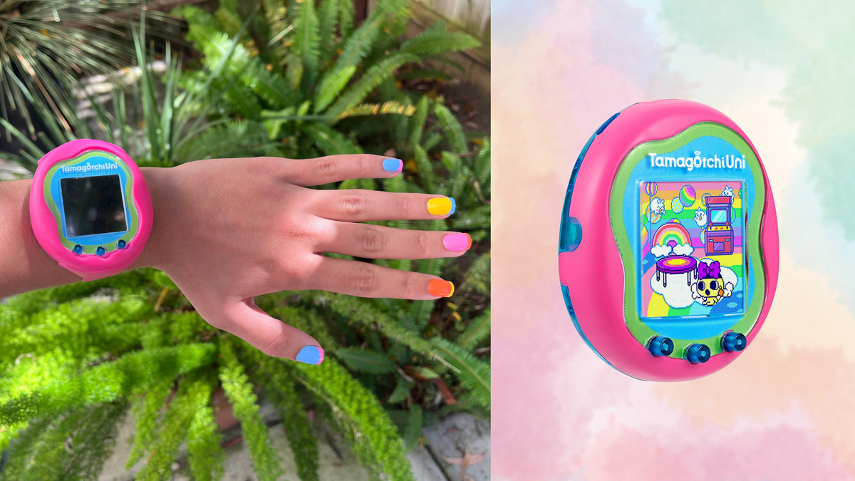 A graphic containing a photo of a hand wearing a Tamagotchi Uni. The Tamagotchi Uni has a bright pink rubber watch band and a blue border around the screen. The hand had manicured nails with assorted colors from the rainbow. Next to the photo is a product shot of the Tamagotchi Uni.