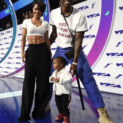 Teyana Taylor, left, Iman Shumpert, right, and their daughter Iman arrive at the MTV Video Music Awards at The Forum on Sunday, Aug. 27, 2017, in Inglewood, Calif.
