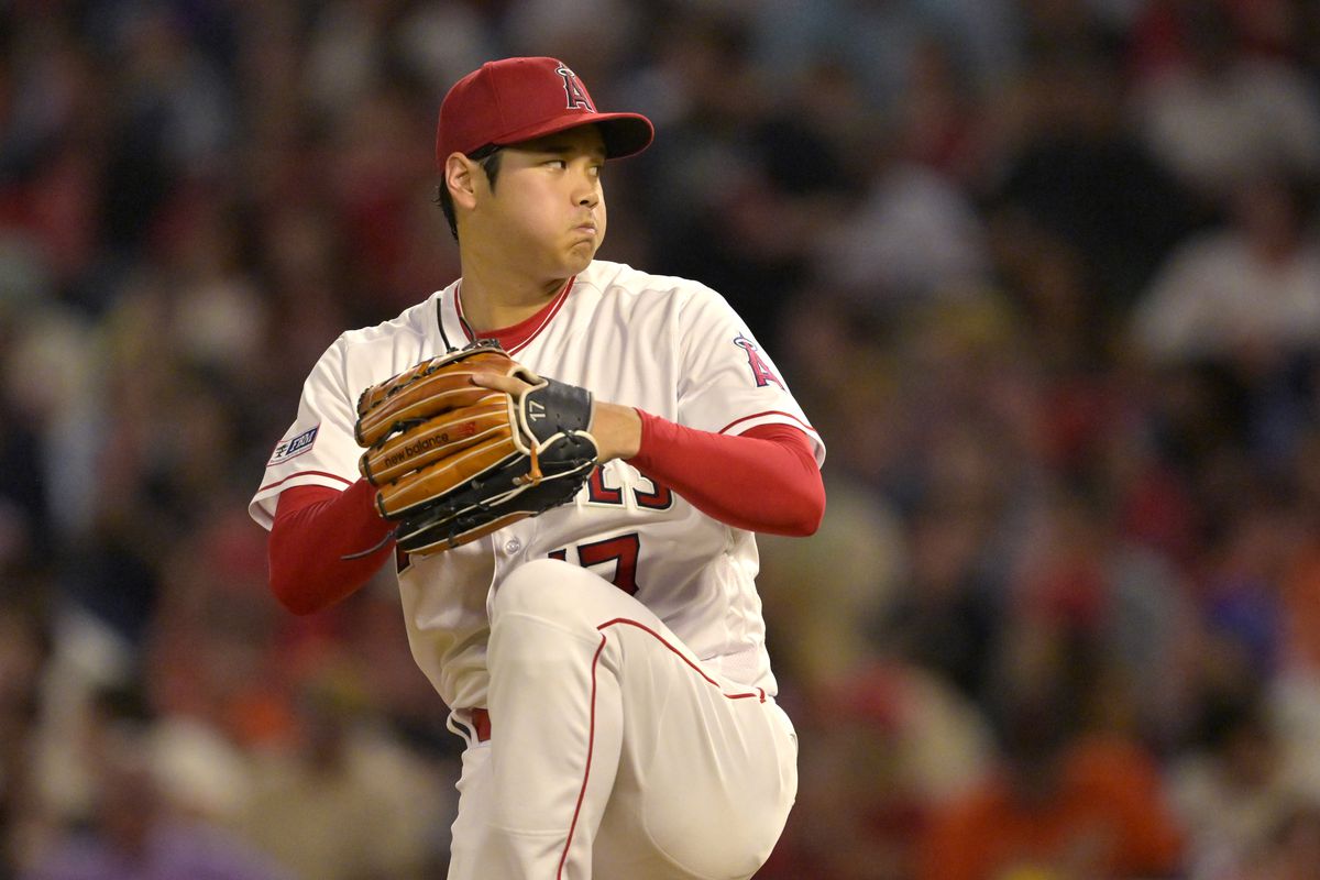 Shohei Ohtani of the Los Angeles Angels pitches in the sixth inning against the San Francisco Giants at Angel Stadium of Anaheim on August 9, 2023 in Anaheim, California.