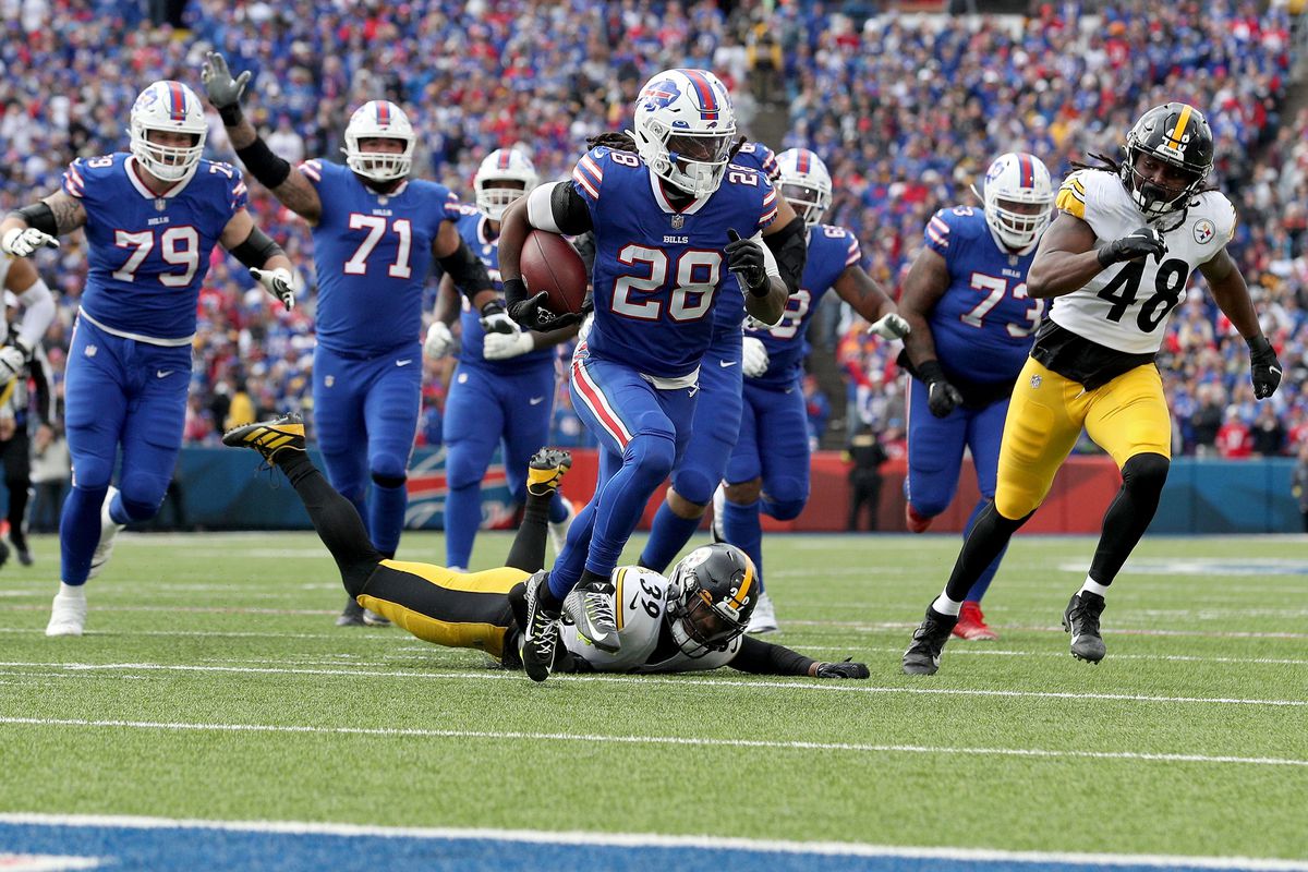 James Cook #28 of the Buffalo Bills rushes for a touchdown against the Pittsburgh Steelers during the fourth quarter at Highmark Stadium on October 09, 2022 in Orchard Park, New York.