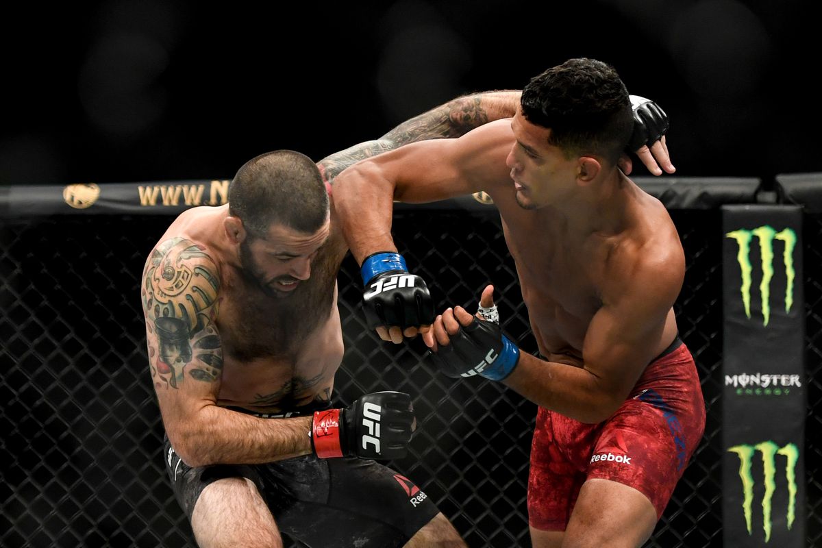 Matt Brown of the United States fights Miguel Baeza of the United States in their Welterweight bout during UFC Fight Night at VyStar Veterans Memorial Arena on May 16, 2020 in Jacksonville, Florida.