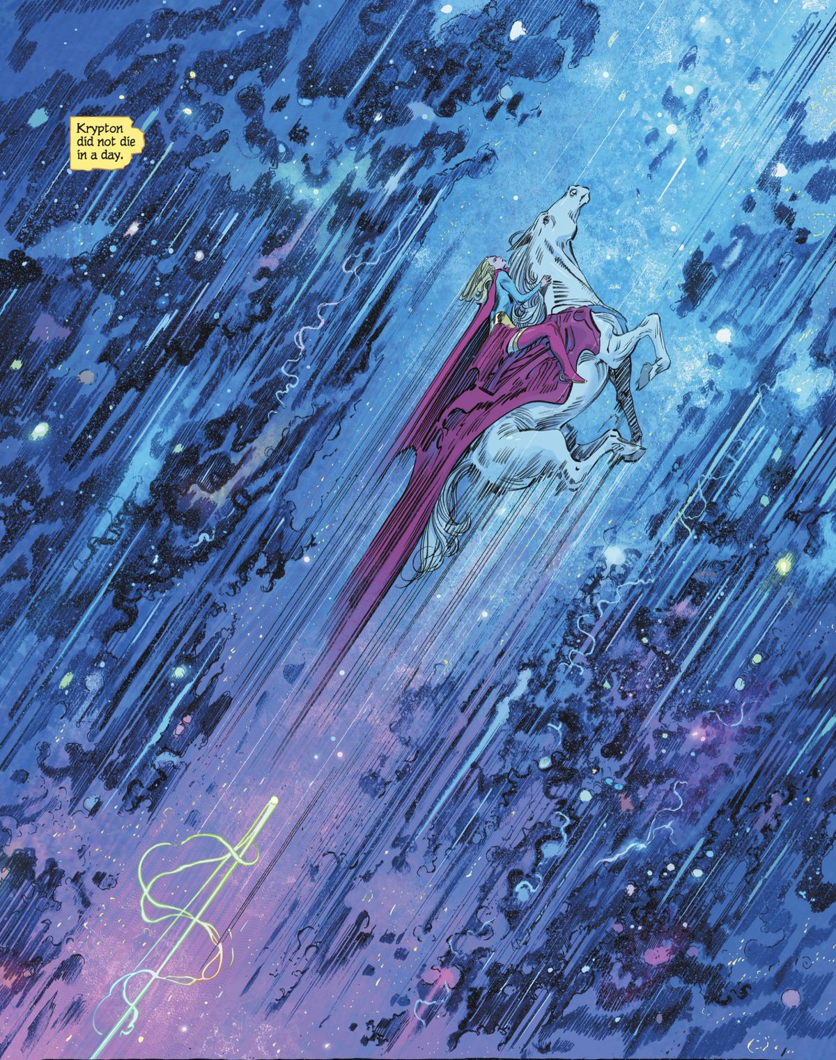 Supergirl riding Superhorse Comet across blue and pink stars at lightning speed to break the laws of science and magic, pursued by a rainbow trail of something in Supergirl: Woman of Tomorrow # 6 (2021). 