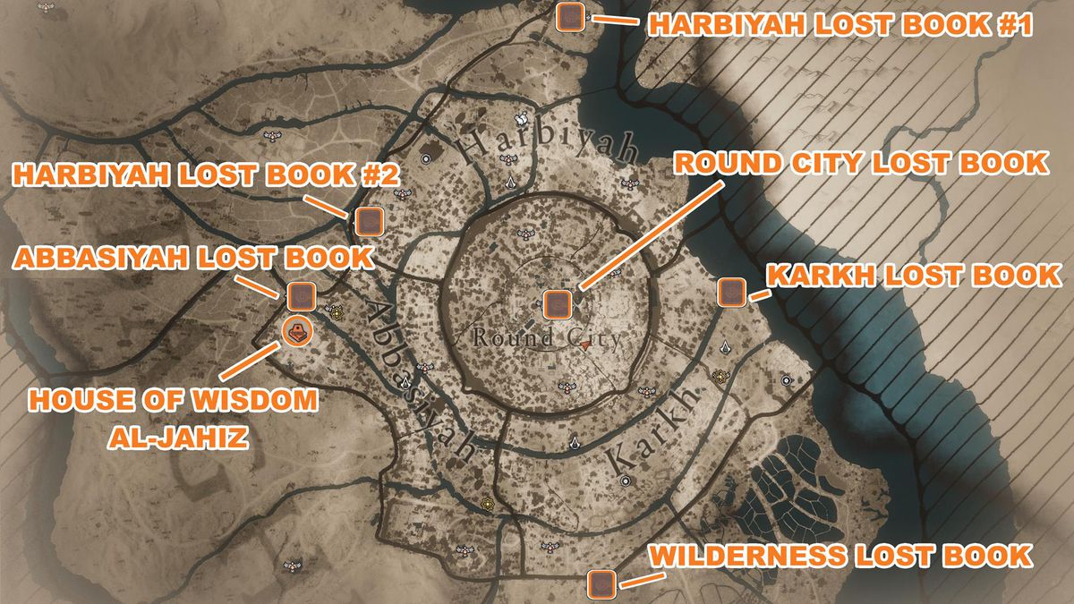 A map of Baghdad shows the Lost Book locations in AC Mirage.