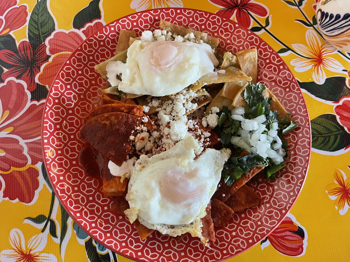 chilaquiles divorciados with two fried eggs at Puebla’s Mexican Kitchen.