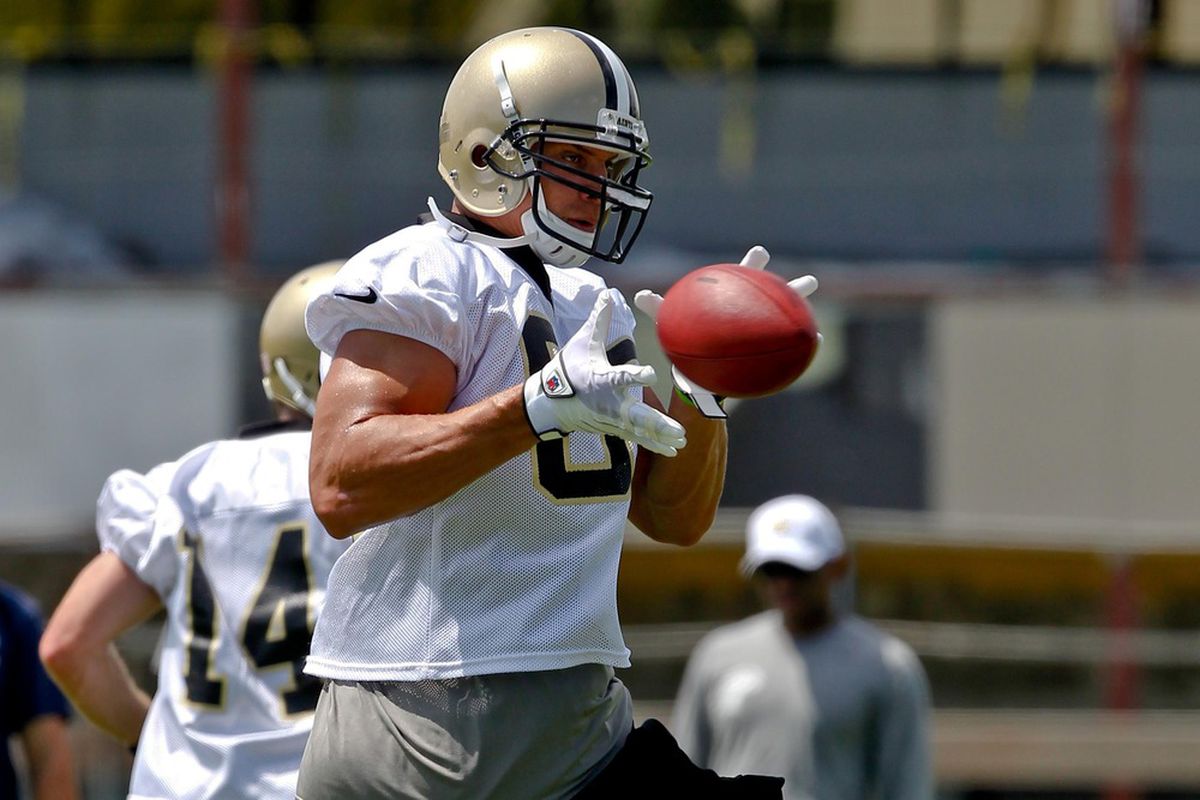 June 5, 2012; Metairie, LA, USA; New Orleans Saints tight end Jimmy Graham (80) catches a pass during a minicamp session at the team's practice facility. Mandatory Credit: Derick E. Hingle-US PRESSWIRE