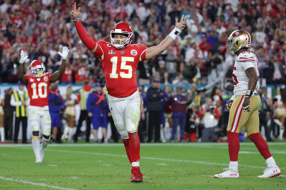 Patrick Mahomes celebrates after a touchdown in the Super Bowl.