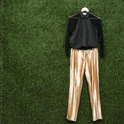Mandarin & General raglan sheer sleeve shirt, $325; Mandarin & General faux fur trousers in gold, $635