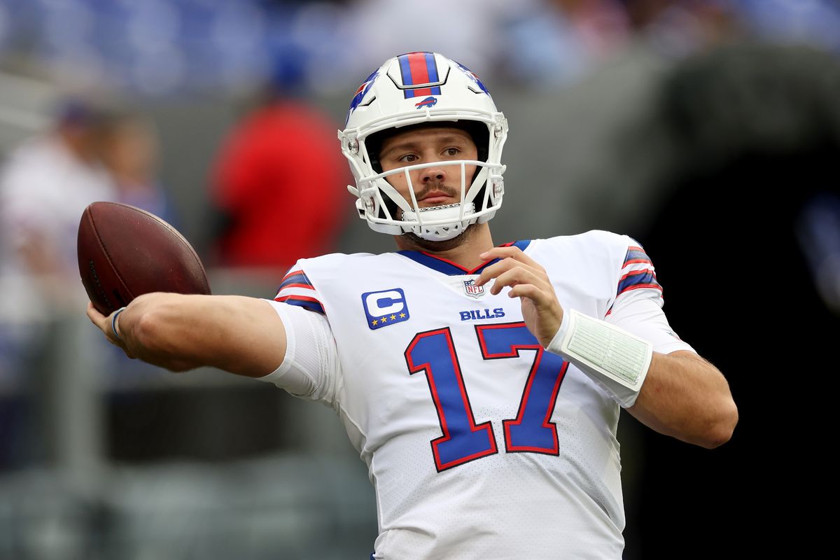 BALTIMORE, MARYLAND - OCTOBER 02: Quarterback Josh Allen #17 of the Buffalo Bills warms up against the Baltimore Ravens at M&amp;T Bank Stadium on October 02, 2022 in Baltimore, Maryland.