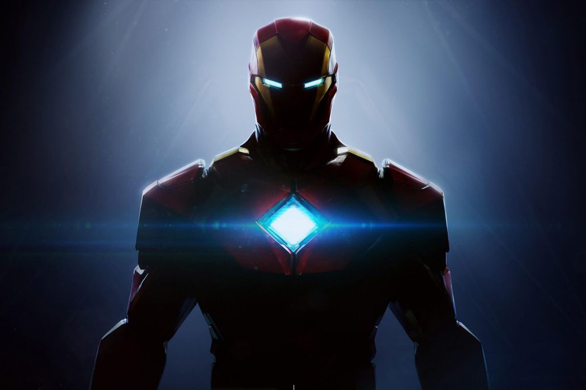 key art for the Iron Man video game being developed by EA and Motive Studio. Iron Man is backlit, with his unibeam chest light on.