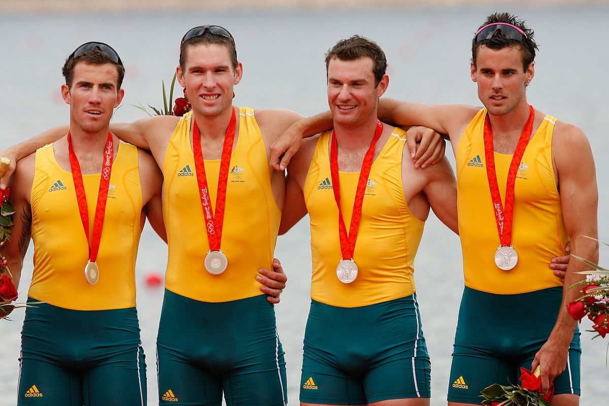 The Australian men’s four pose with their silver medals at the 2008 Beijing Olympics.