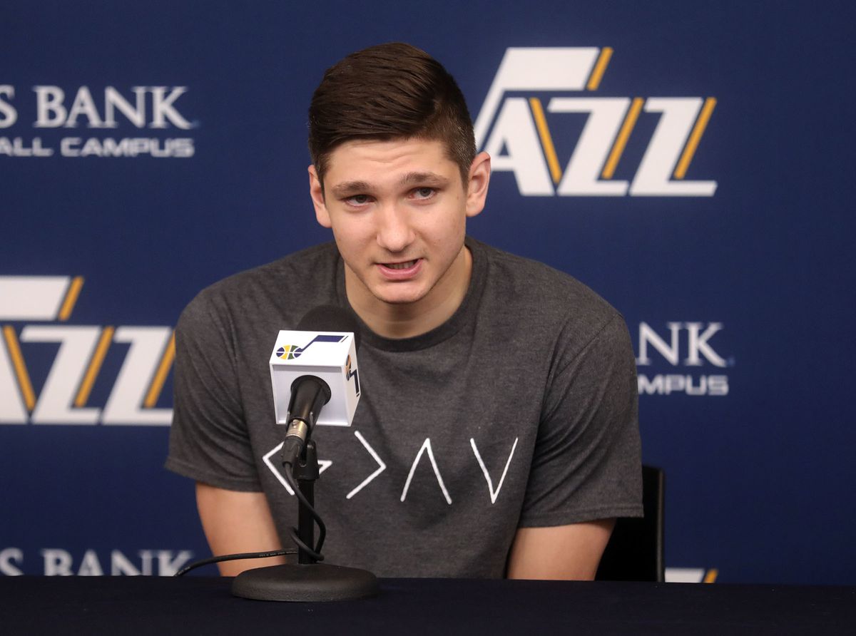 Utah Jazz guard Grayson Allen talks to members of the media at Zions Bank Basketball Center in Salt Lake City on Thursday, April 25, 2019. Utah's season ended with Wednesday's loss to Houston in the first round of the NBA playoffs.