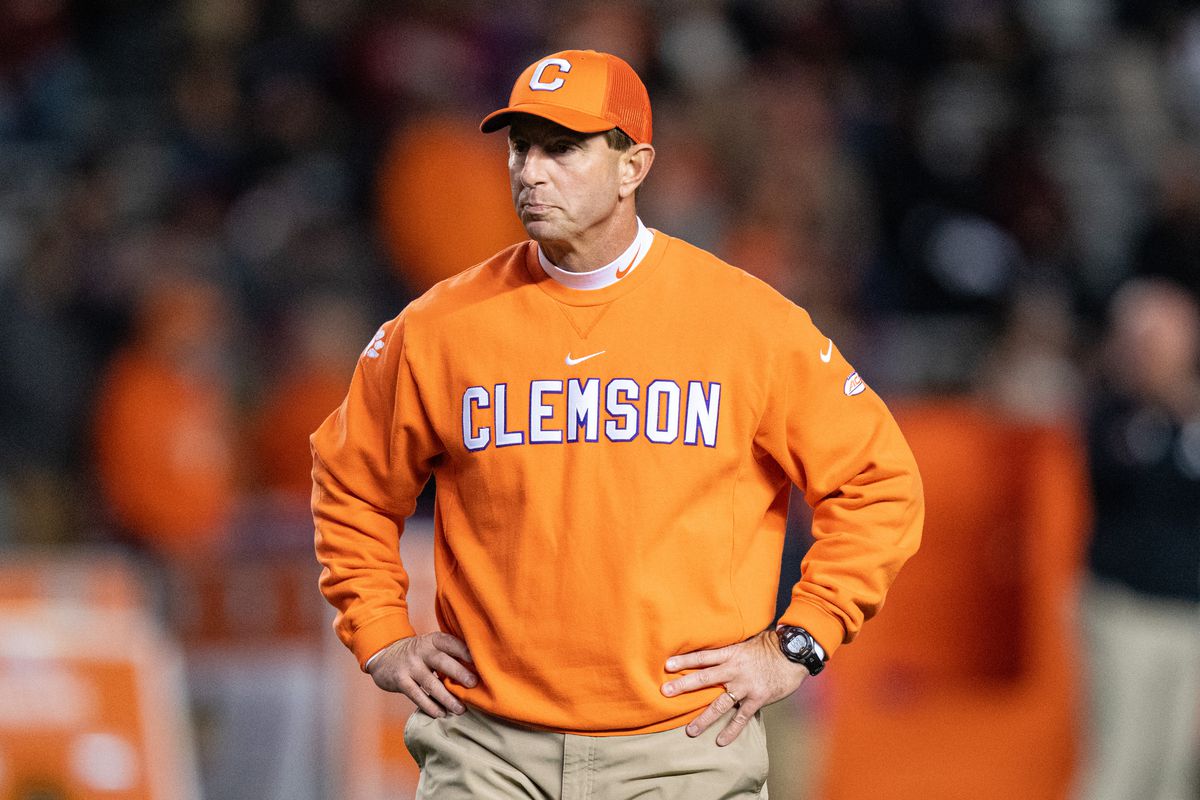 COLUMBIA, SOUTH CAROLINA - NOVEMBER 27: Head coach Dabo Swinney of the Clemson Tigers looks on during warm ups before their game against the South Carolina Gamecocks at Williams-Brice Stadium on November 27, 2021 in Columbia, South Carolina.