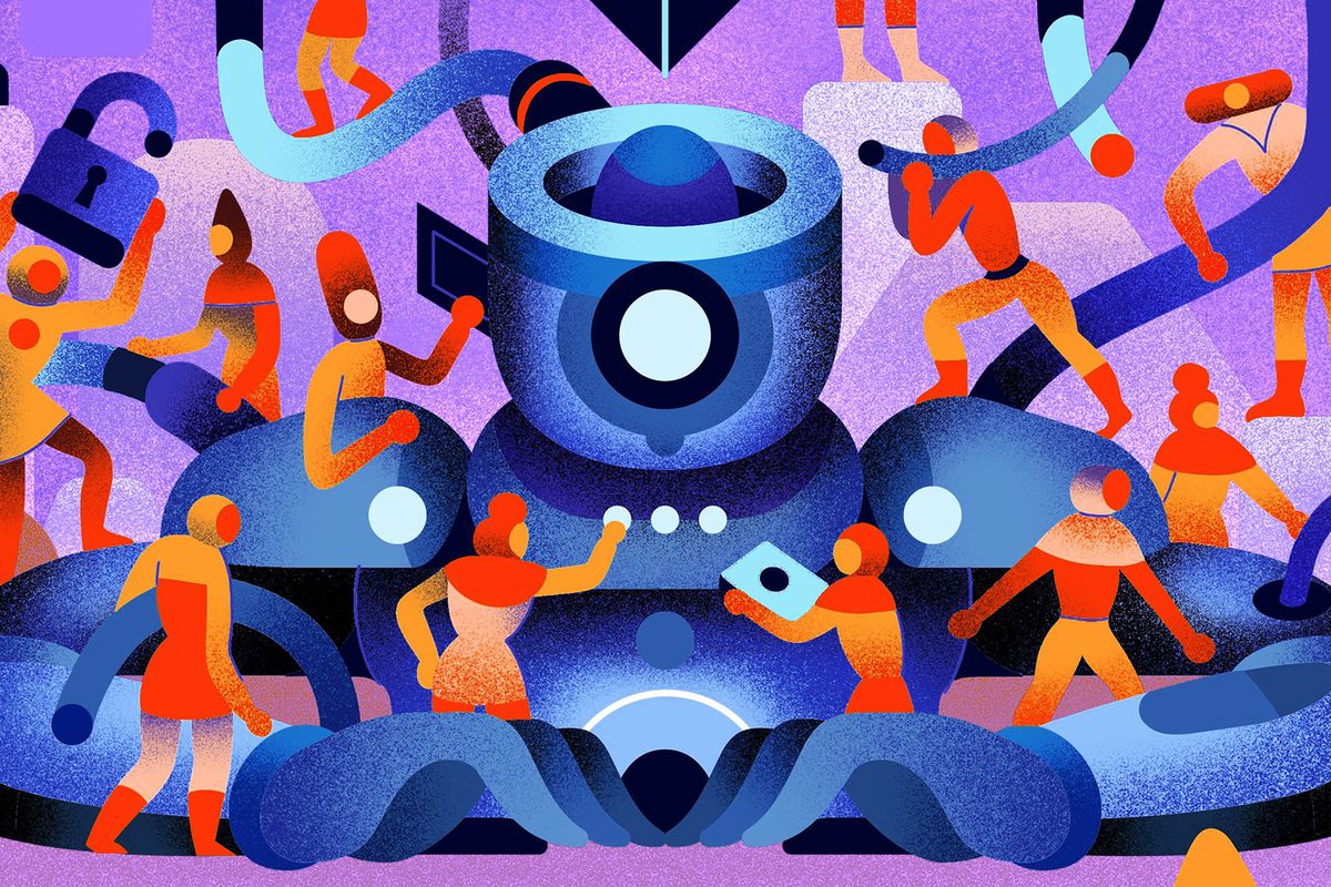 A cartoon drawing of tiny futuristic people swarming all over a giant humanoid robot.