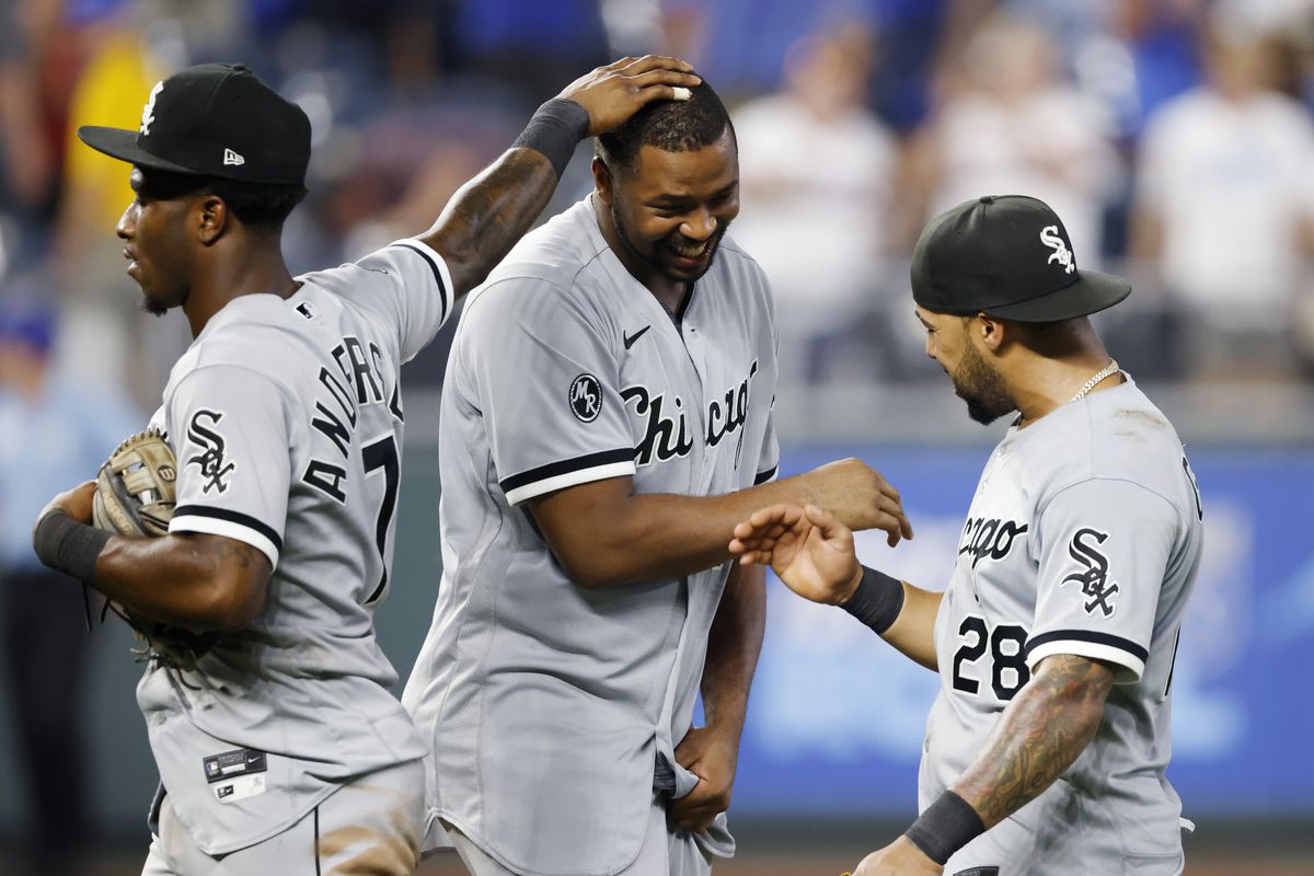 The White Sox’ Eloy Jimenez, center, celebrates with teammates Tim Anderson and Leury Garcia after a game earlier this season. 