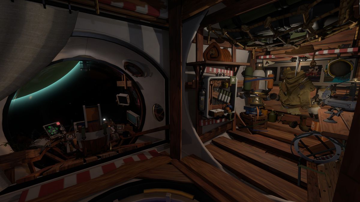 The interior of the Outer Wilds spaceship, which is mostly wood. A planet is visible from the cockpit, and a bulky spacesuit hangs from a hook.