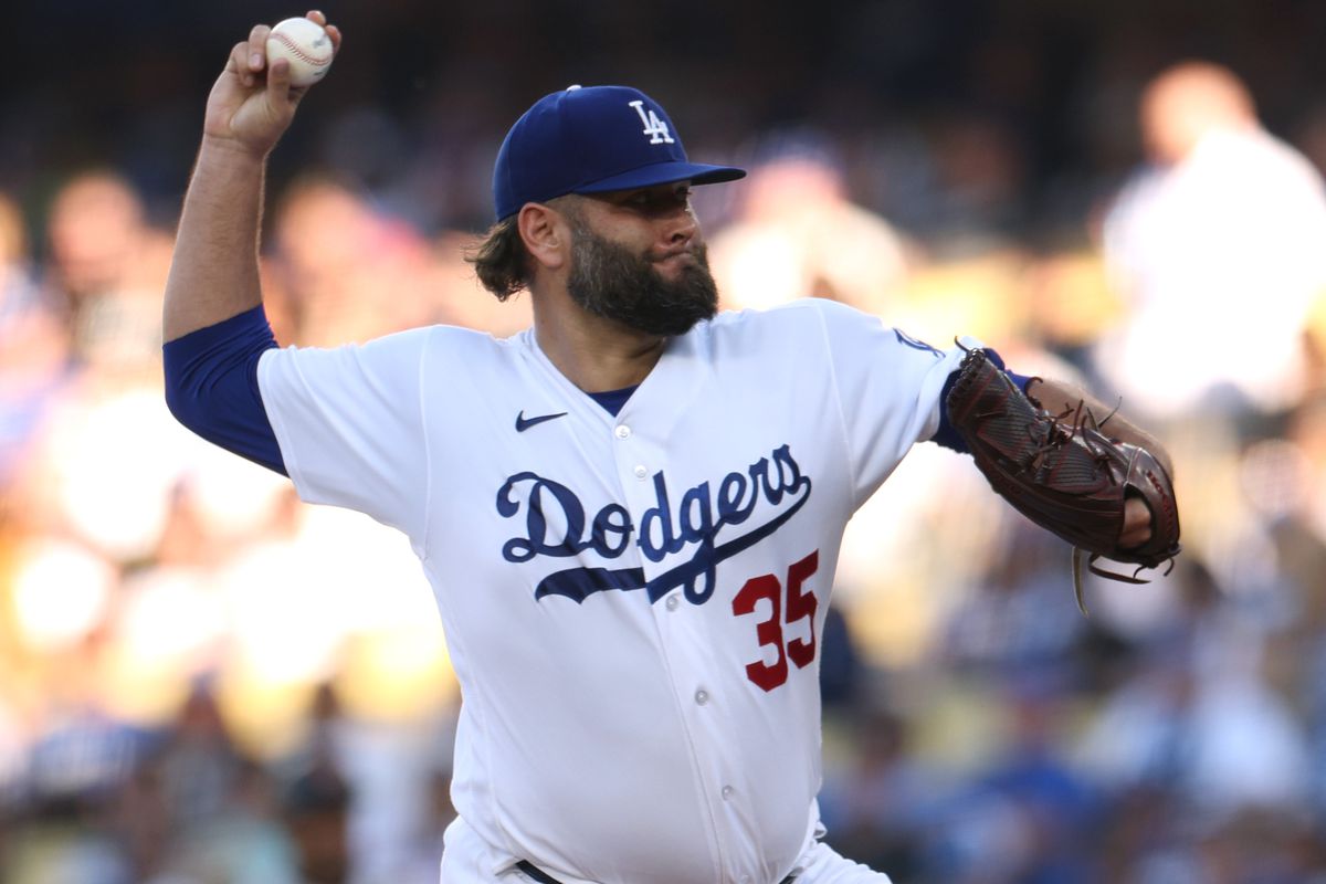 Lance Lynn of the Los Angeles Dodgers pitches during the fifth inning against the San Francisco Giants at Dodger Stadium on September 24, 2023 in Los Angeles, California.