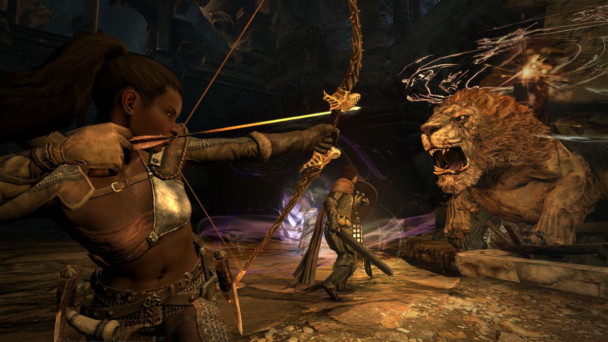 A ranger and a fighter take on a griffon in Dragon’s Dogma: Dark Arisen