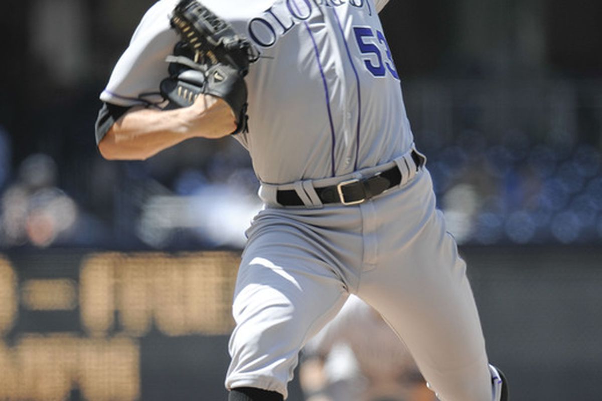 SAN DIEGO, CA - MAY 9:  Christian Friedrich #53 of the Colorado Rockies pitches during the sixth inning of a baseball game against the San Diego Padres at Petco Park on May 9, 2012 in San Diego, California. (Photo by Denis Poroy/Getty Images)