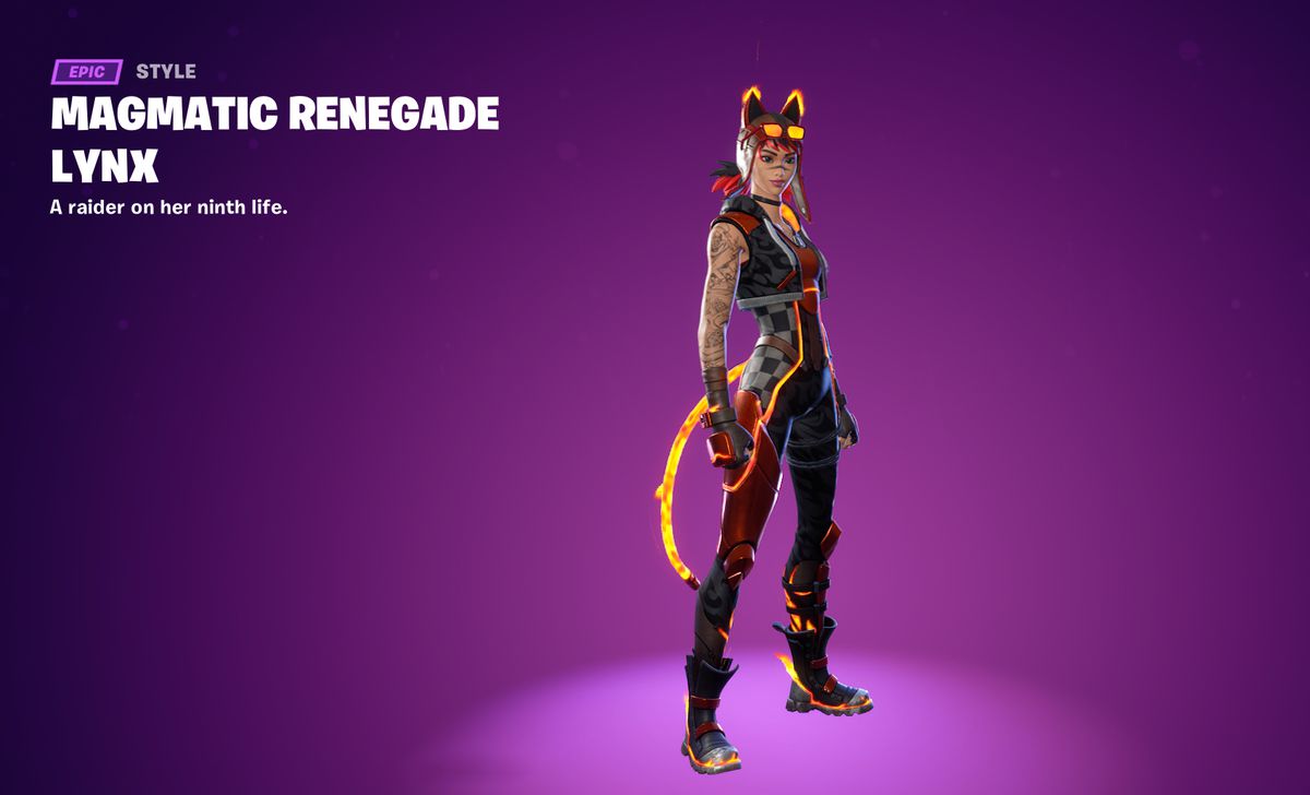 Magmatic Renegade Lynx in Fortnite, who is a fiery red and black variant of the base skin.