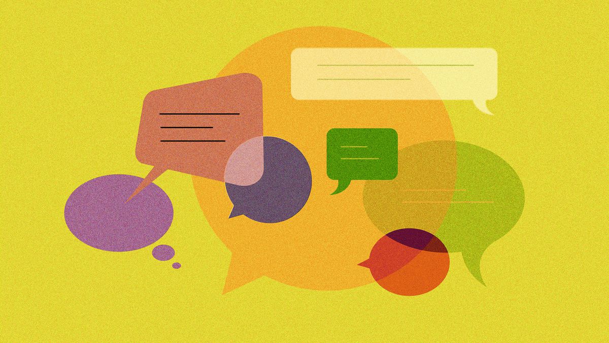 Illustration of colorful speech bubbles overlapping against a yellow background.