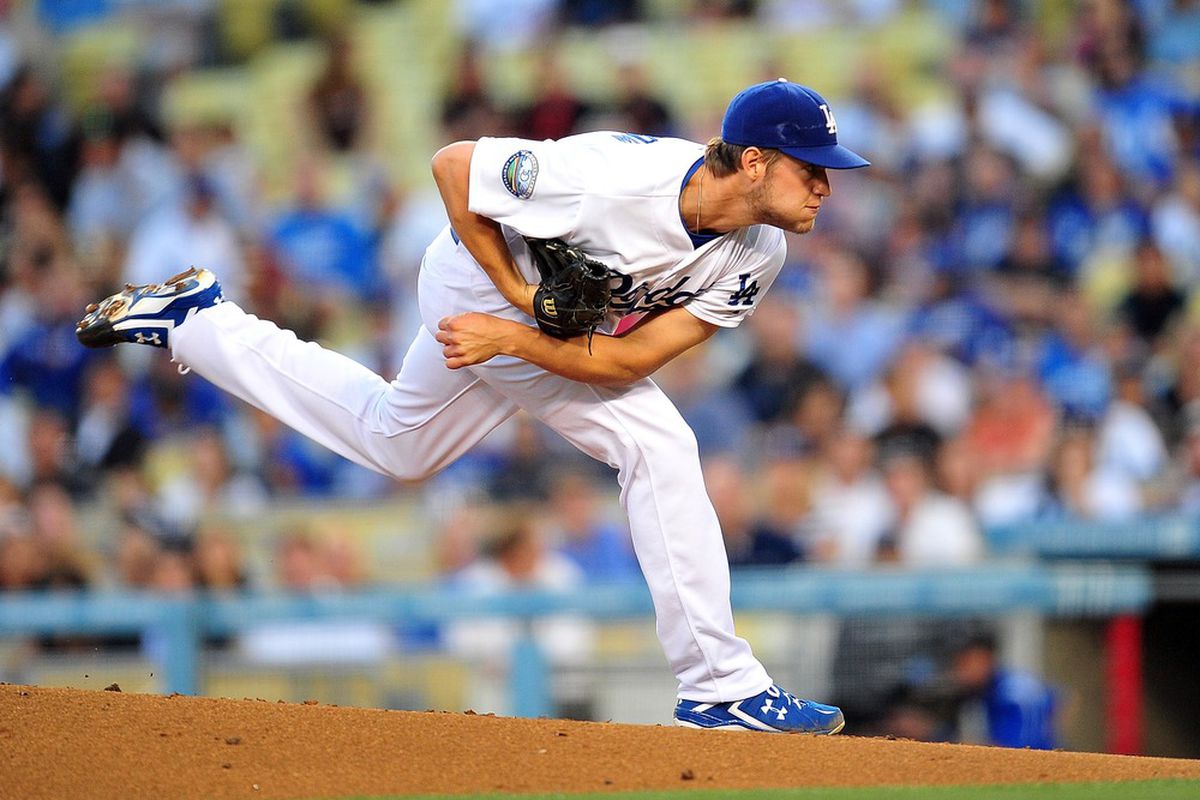May 8, 2012; Los Angeles, CA, USA; Los Angeles Dodgers starting pitcher Clayton Kershaw (22) pitches in the second inning against the San Francisco Giants at Dodger Stadium. Mandatory Credit: Gary A. Vasquez-US PRESSWIRE