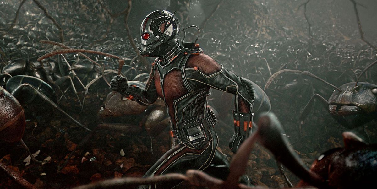 A mini-sized Ant-Man runs in a vast crowd of CG ants that come up to his chest in a scene from 2018’s Ant-Man and the Wasp
