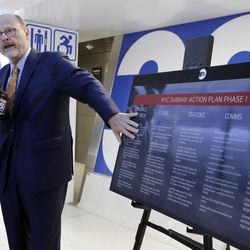Metropolitan Transit Authority Chairman Joseph Lhota addresses a news conference in New York's Penn Station, Monday, Aug. 7, 2017. New York Mayor Bill de Blasio wants to tax the wealthiest 1 percent to fund repairs and improvements to the beleaguered subway system, but Lhota, who proposed an $836 million emergency plan, said in a statement Sunday that the agency needs additional short-term funding now. (AP Photo/Richard Drew)