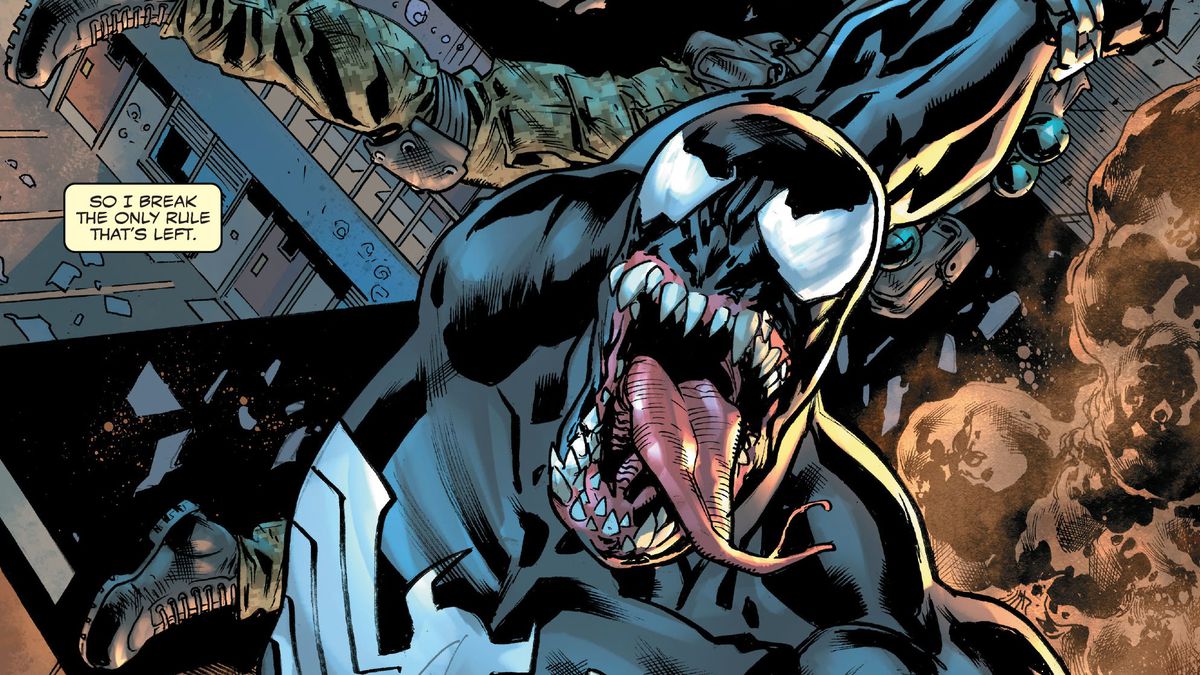 Dylan Brock/Venom leaps through an explosion in Venom #1 (2021). 
