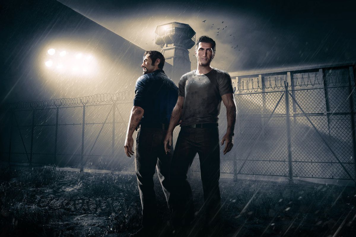the two brothers in A Way Out standing in a prison yard at night in the rain