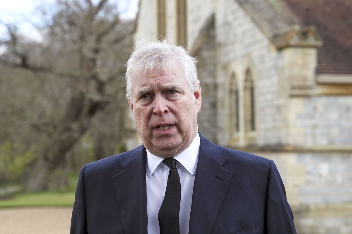 In this Sunday, April 11, 2021, file photo, Britain’s Prince Andrew speaks. during a television interview at the Royal Chapel of All Saints at Royal Lodge, Windsor, England.