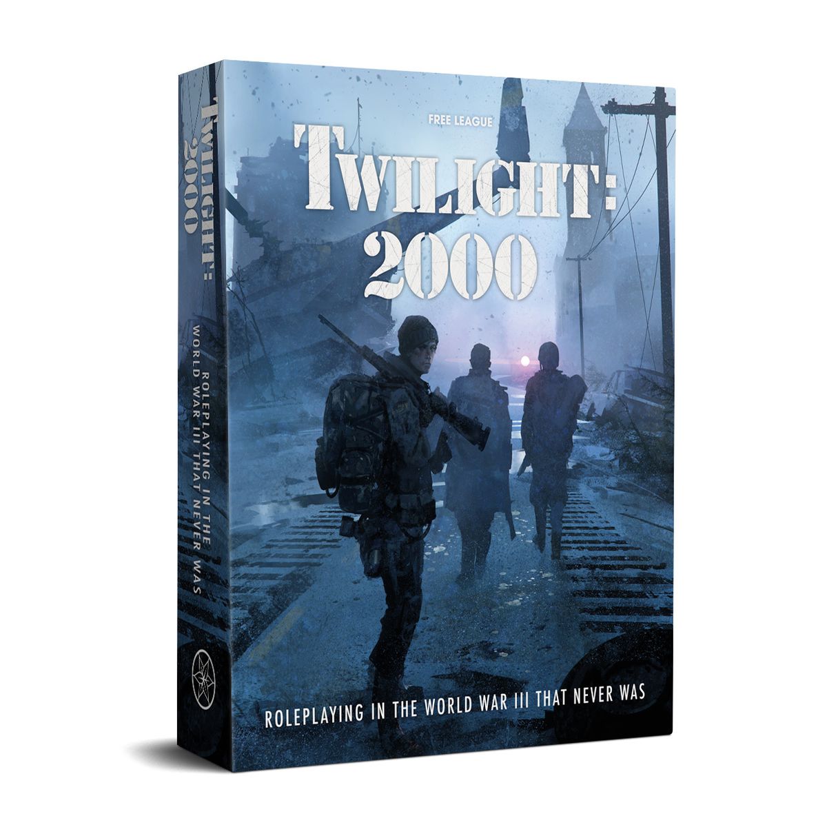 Cover art for Twilight: 2000 shows a small squad of three moving along a train line past a downed helicopter. The light is dim and blue, with a flare burning in the distance.