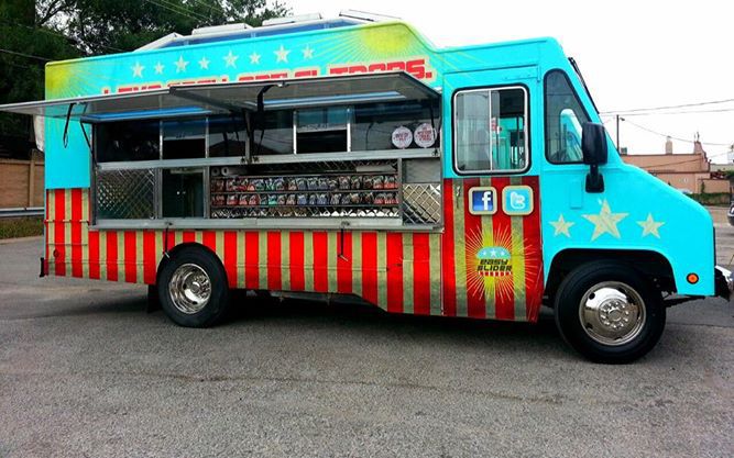 Easy Slider’s food truck, which is blue and red and yellow stripes. 