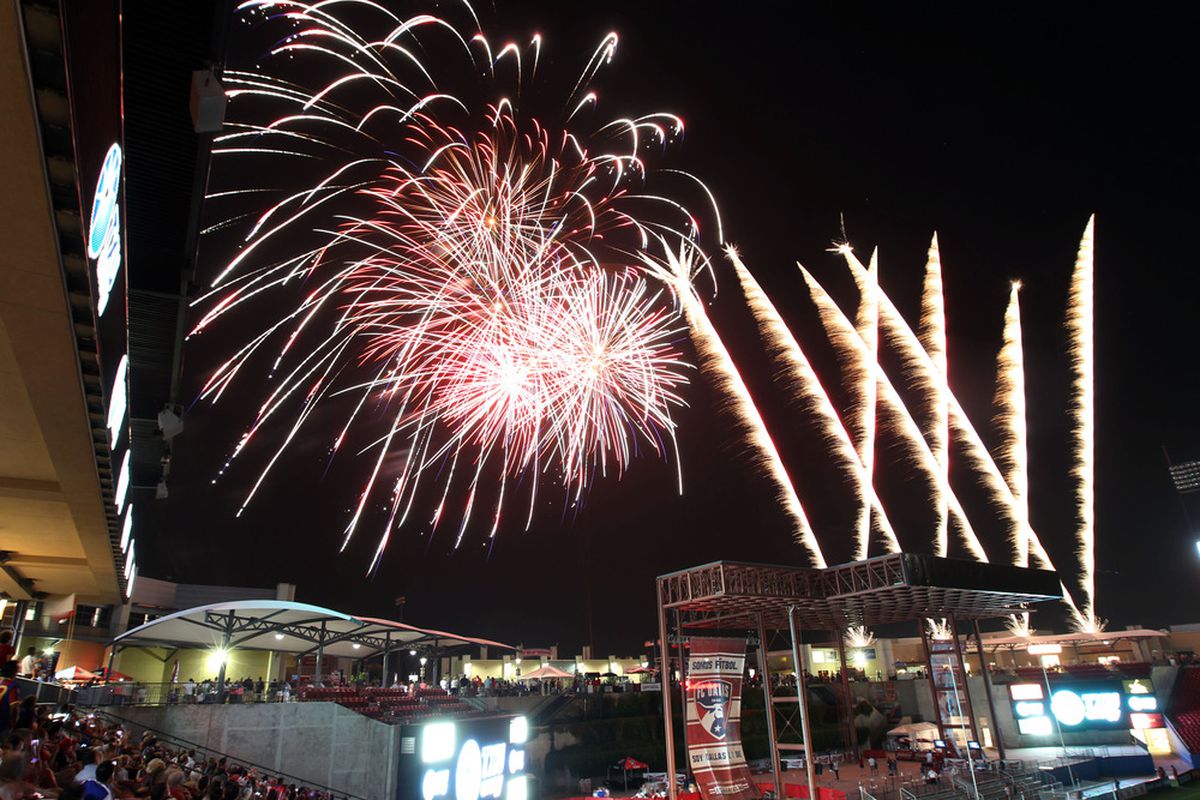 FRISCO, TX - JULY 4:  A fireworks show celebrating the 4th of July is displayed after the FC Dallas and Toronto FC game at FC Dallas Stadium on July 4, 2012 in Frisco, Texas. (Photo by Layne Murdoch/Getty Images)