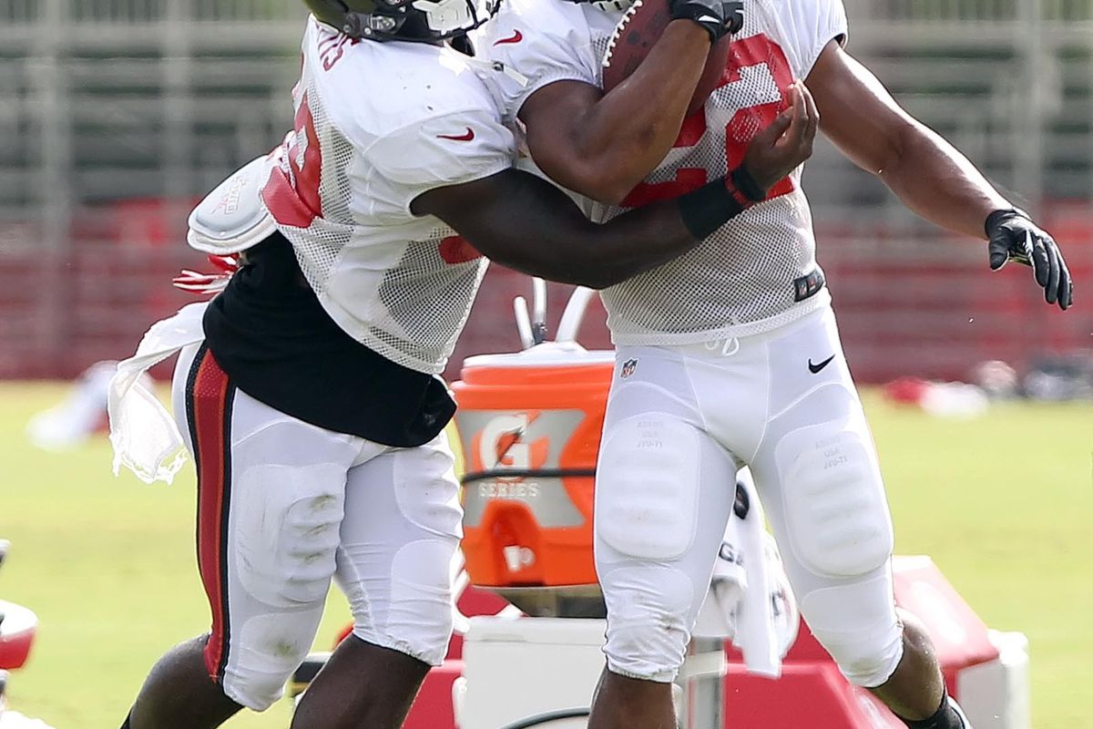 August 3, 2012; Tampa, FL, USA; Tampa Bay Buccaneers running back Doug Martin (22) and running back De'Anthony Curtis (39) practice drills during training camp at One Buc Place. Mandatory Credit: Kim Klement-US PRESSWIRE