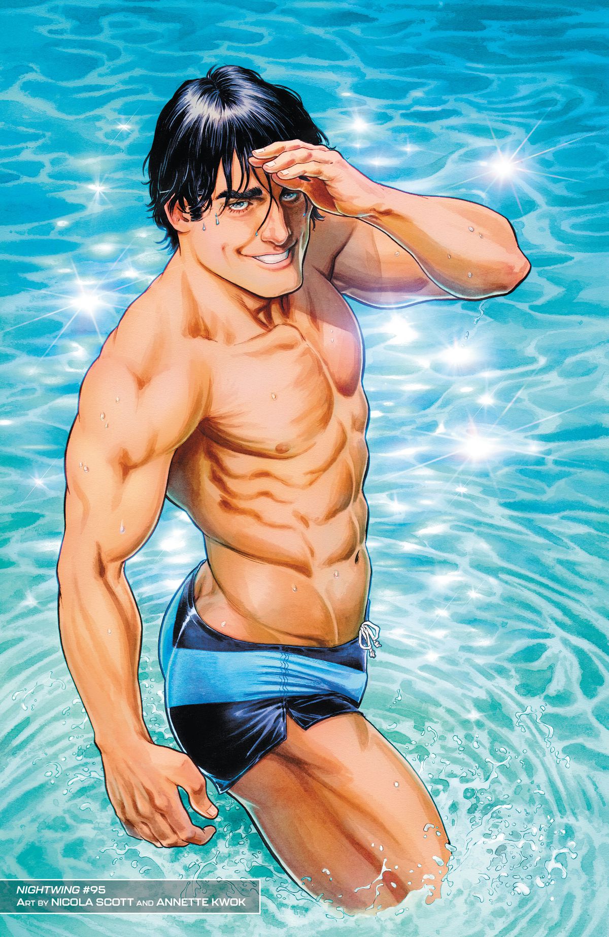 Dick Grayson shields his eyes, looking up from where he’s standing in sparkling water, with a very small Nightwing-patterened set of drawstring swim trunks on, that highlight his butt very well.
