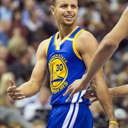 Golden State guard Stephen Curry (30) questions a call during the second half of an NBA basketball game against Utah in Salt Lake City on Thursday, Dec. 8, 2016. Golden State defeated Utah with a final score of 106-99.