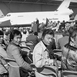 America’s Space Shuttle is shown in the background after it’s first showing in Palmdale, California, Friday, Sept. 17, 1976. In the foreground is the crew of the television series Star Trek, who’s ship was also named Enterprise. From left are Leonard Nimoy who portrayed Mr. Spock, George Takei who was Mr. Sulu, DeForest Kelly who was Dr. McCoy and James Doohan, who was Scotty. 