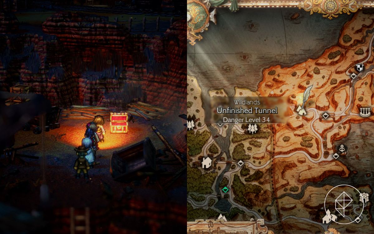 Throné and other Octopath Traveler 2 characters stand in front of an opened chest in a mine