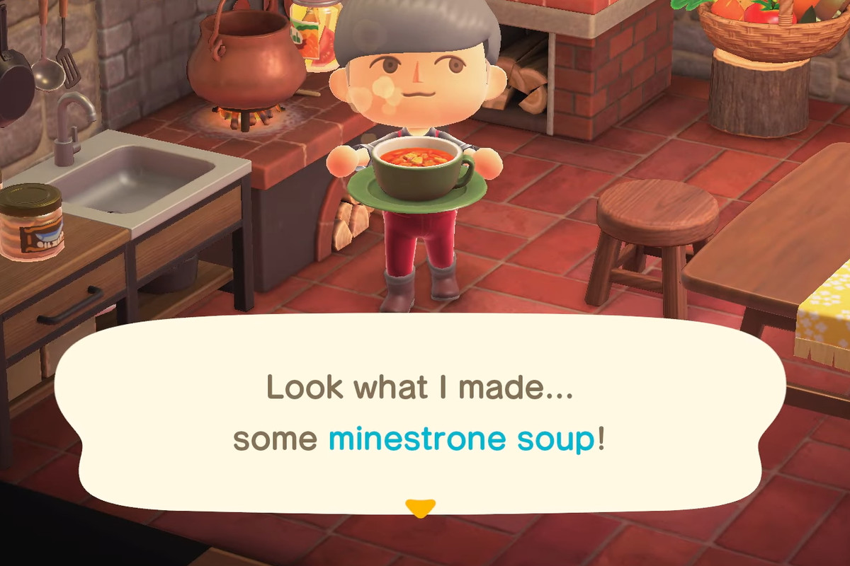 An Animal Crossing villager holds up a freshly made bowl of minestrone soup