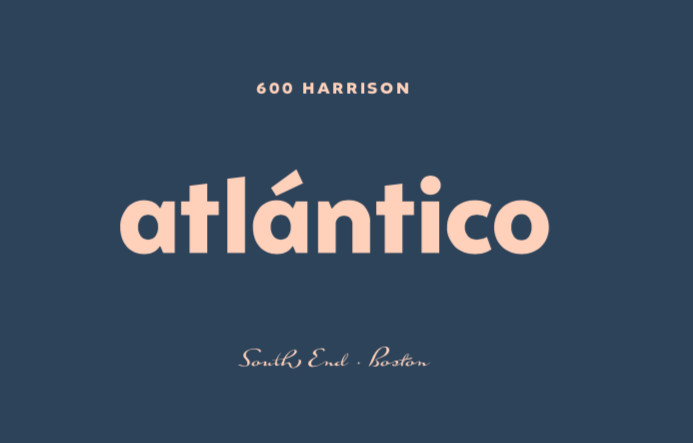 A pink-hued text reading “Atlantico” overlays a navy background, with small script below reading “South End, Boston”
