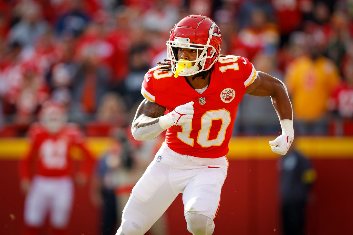 Isiah Pacheco #10 of the Kansas City Chiefs runs a pass route during the first quarter against the Denver Broncos at Arrowhead Stadium on January 1, 2023 in Kansas City, Missouri.