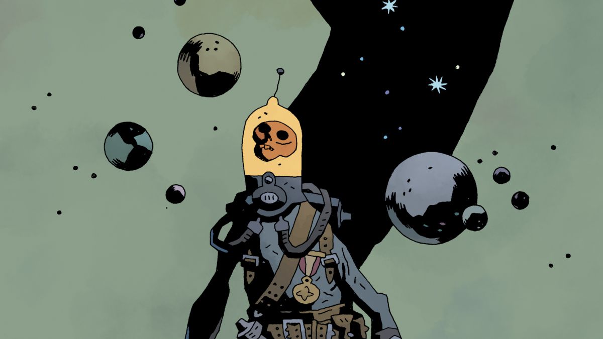 Radio Spaceman, a sort of robot-like exporer laden with belts, tools, and a medal, whose head is a free-floating skull inside a lamp-shaped space helmet, stands on top of a hill as if in awe of the universe on the cover of Radio Spaceman: Mission to Numa 4 #1 (2022).