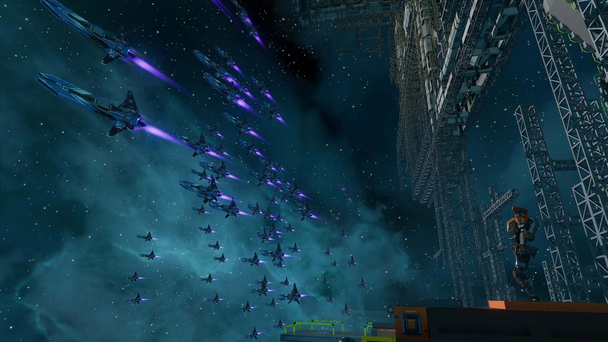 A fleet of warships over a Mega Base in Starbase