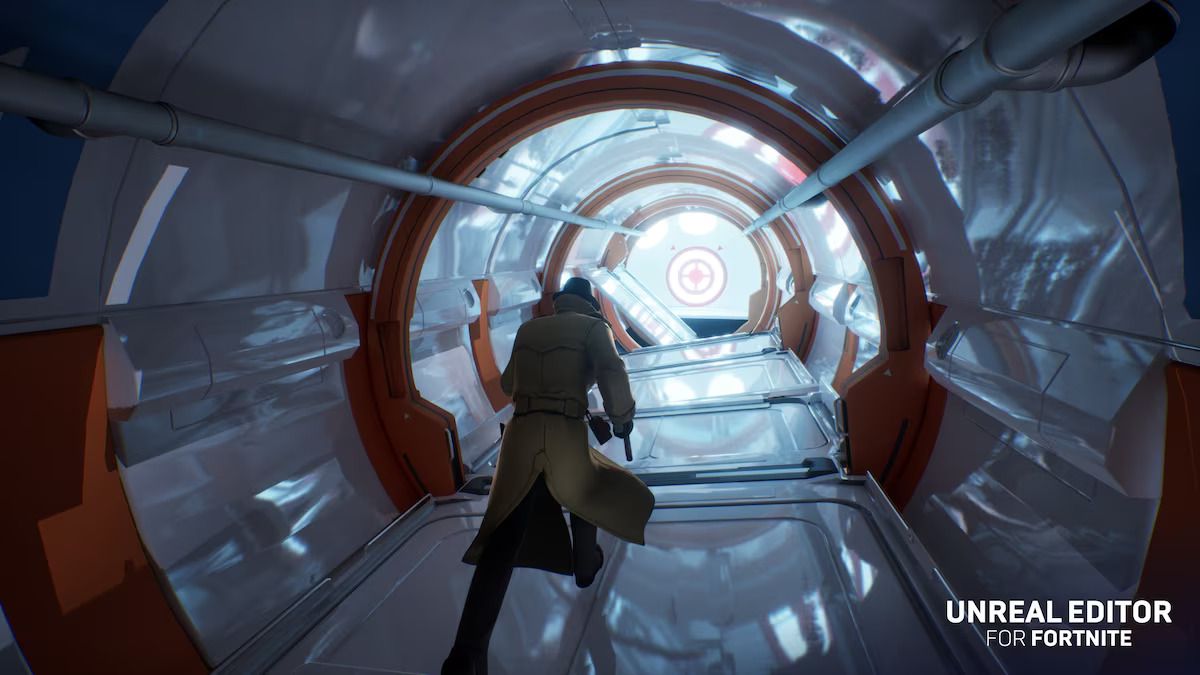A person in a trench coat runs down a shiny white hallway in an image for a new game created inside of Fortnite using Epic’s Unreal Editor for Fortnite 