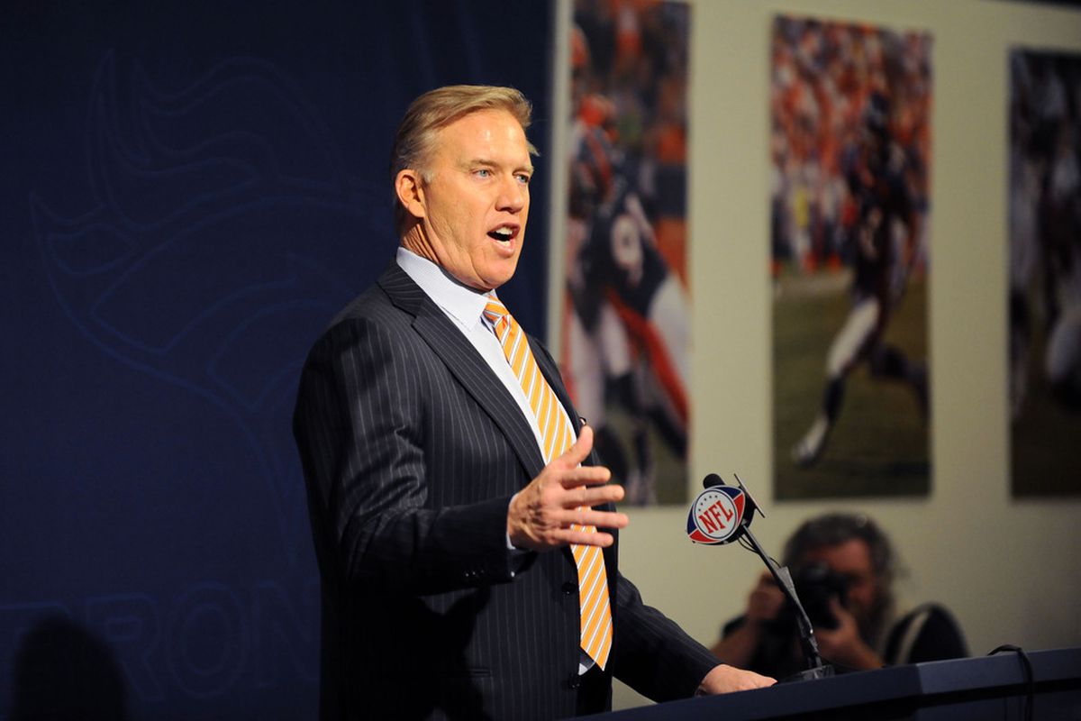 March 20 2012; Englewood, CO, USA; Denver Broncos executive vice president for football operations John Elway speaks during a press conference at Broncos headquarters. Mandatory Credit: Ron Chenoy-US PRESSWIRE