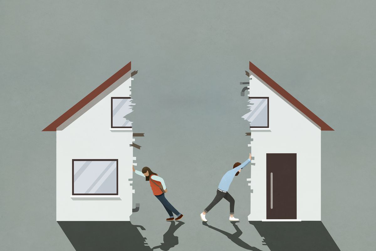 Illustration of two people splitting a house.