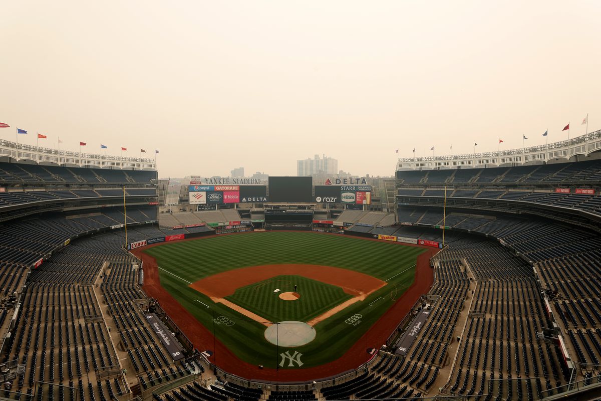 A general view of hazy conditions resulting from Canadian wildfires at Yankee Stadium before the game between the Chicago White Sox and the New York Yankees on June 7, 2023, in New York, New York.