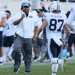 BYU head coach Kalani Sitake celebrates a touchdown against the Michigan State Spartans  in East Lansing, Mich., on Saturday, Oct. 8, 2016. BYU won, 31-14.