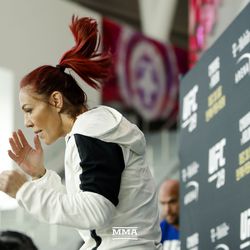 Cris Cyborg warms up at UFC 219 open workouts Thursday at T-Mobile Arena in Las Vegas.