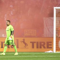 Real Salt Lake goalkeeper Nick Rimando (18) looks out after a RSL score as Real Salt Lake and the LA Galaxy play at Rio Tinto Stadium in Sandy on Wednesday, Sept. 25, 2019. LA won 2-1.